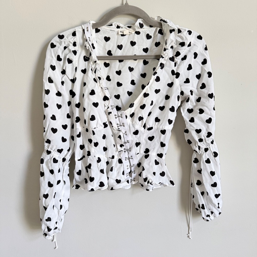 For Love & Lemons Willow Blouse White Black Heart Print Ruffle Hook Eye Top XS